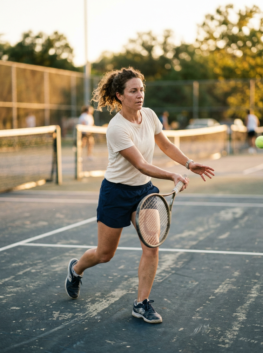 Player executing a forehand at golden hour